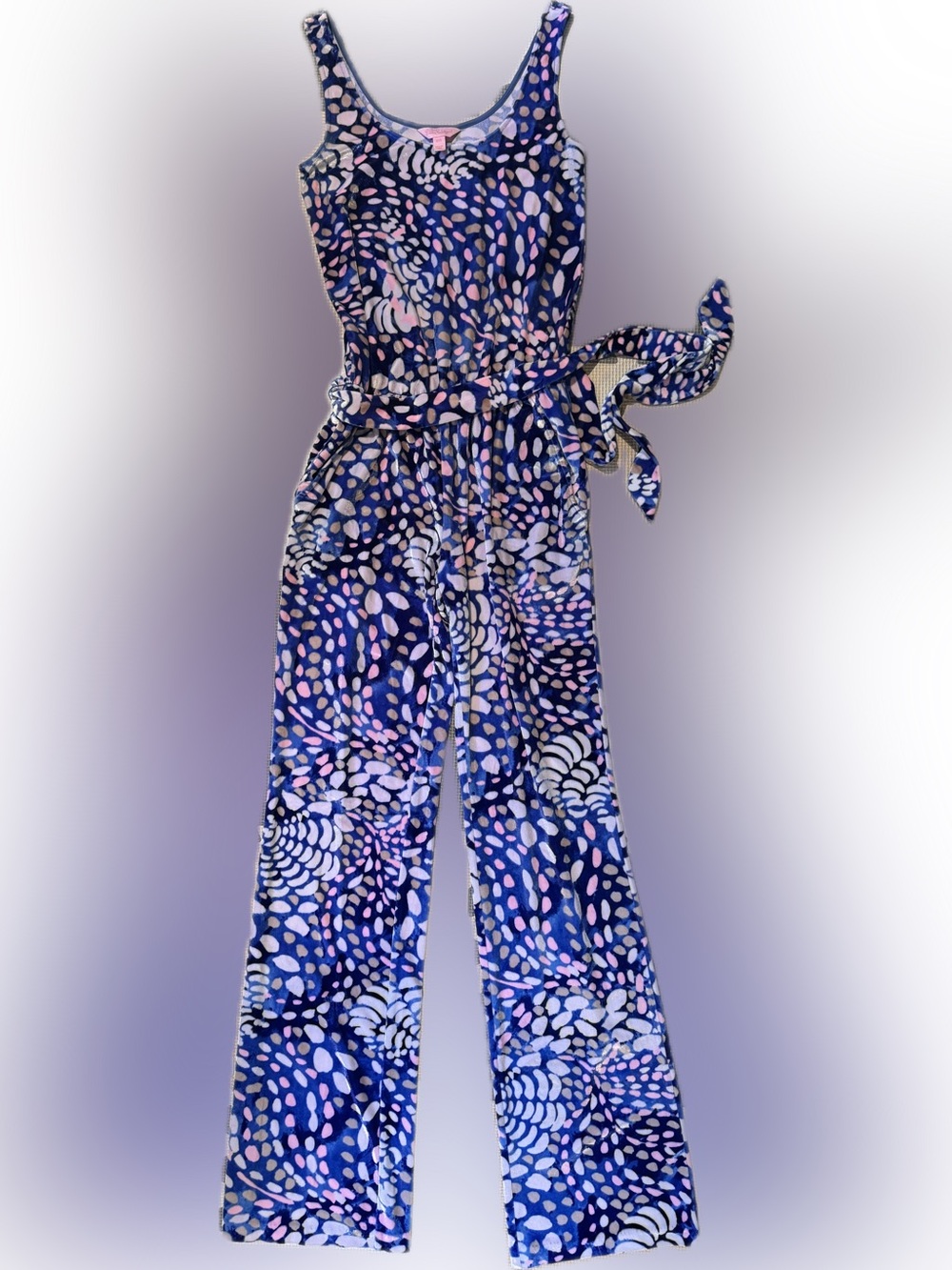 Lilly Pulitzer XXS velour Sleeveless Blue Printed Jumpsuit with Tie Waist